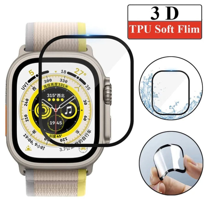 Hydrogel screen protectors for Apple Watch Ultra by That Watch Shop, shown on a smartwatch, pack of six protectors.