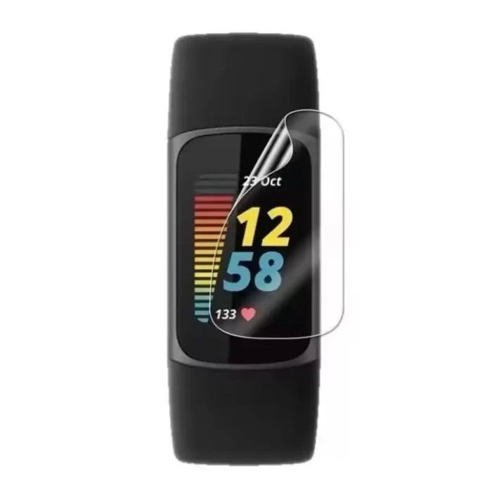 Set of five Habicare Hydrogel Screen Protectors for Fitbit Charge 6 smartwatch, providing clear, flexible protection for the screen.