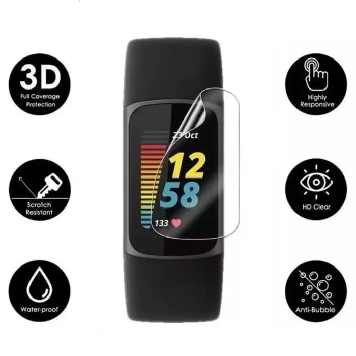 Set of five Habicare hydrogel screen protectors for Fitbit Charge 6 smartwatch, providing clear protection for the device screen.