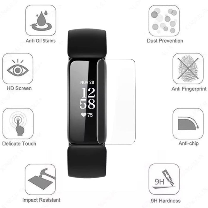 Set of four black hydrogel screen protectors for Fitbit Inspire 2 fitness tracker, providing durable protection for the watch screen.