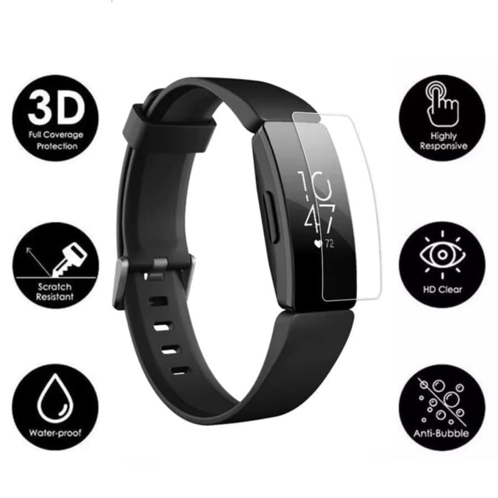 Set of four black Hydrogel Screen Protectors for Fitbit Inspire HR smartwatch, providing durable protection for the watch screen.