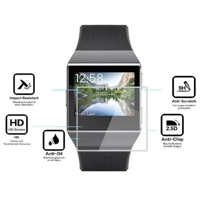 Hydrogel screen protectors for Fitbit Ionic smartwatch, pack of 6, transparent protective covers on a smartwatch screen.