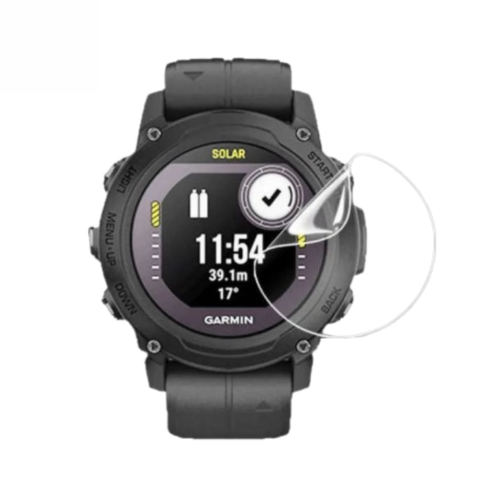 Hydrogel screen protectors for Garmin Descent G1 and G2 smartwatches, shown on watch case, pack of 6.