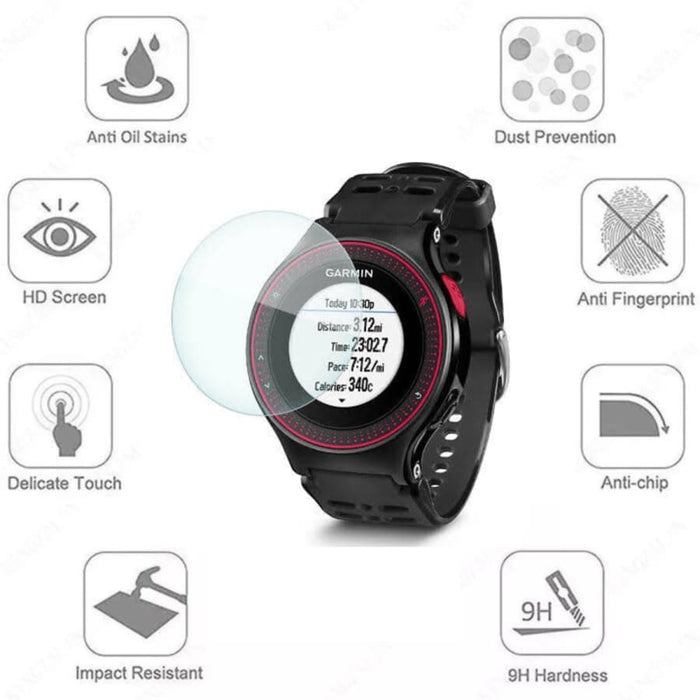 Set of six black hydrogel screen protectors for Garmin Forerunner 225 watch, offering protection and clear visibility.
