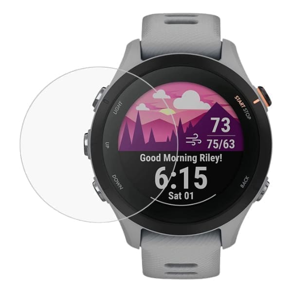 Hydrogel screen protectors for Garmin Forerunner 255S watch, pack of 6, showing transparent protectors on gray watch face.
