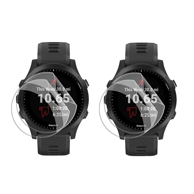 Set of six Garmin Forerunner 945 hydrogel screen protectors showing clear, flexible covers fitting the watch screen perfectly.