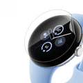 Hydrogel screen protector for Google Pixel Watch 2, designed as a watch case, showing the clear, flexible material on the watch face.