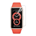 Hydrogel screen protectors for Huawei Band 6 smartwatch, pack of 6, showing clear, flexible protective film on watch screen