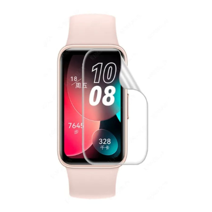 Hydrogel screen protectors for Huawei Band 8 and 9, pack of 6, showing clear, flexible protectors on smartwatch screens.