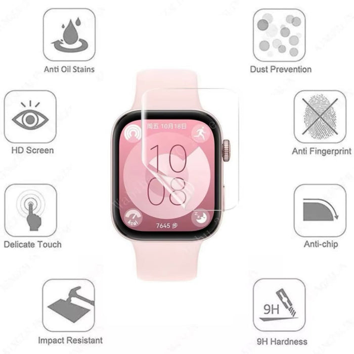 Hydrogel screen protectors for Huawei Watch Fit 3, pack of two, showing clear, flexible protective layers on smartwatch screens.