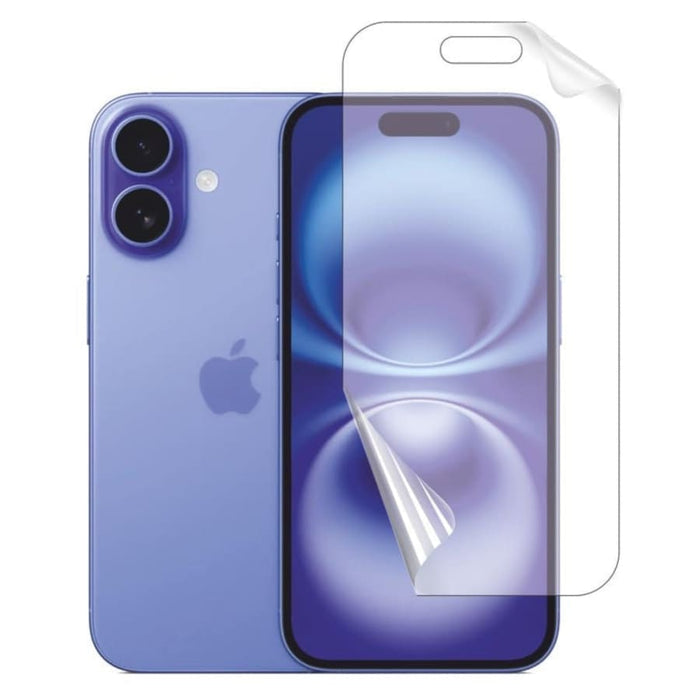 Pair of 9eight5 hydrogel screen protectors for iPhone 16 Plus 6.7-inch, showing clear, flexible protection for smartphone screens.