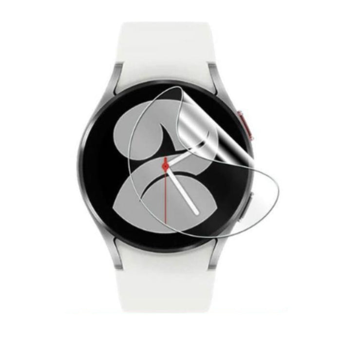Samsung Galaxy Watch 4 44mm hydrogel screen protectors, pack of 6, showing clear, flexible protective film on watch screen.