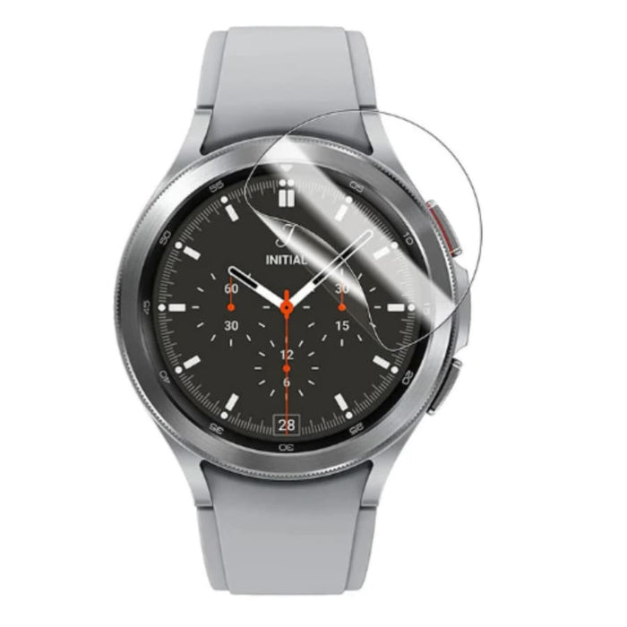 Hydrogel screen protectors for Samsung Galaxy Watch 4 Classic 42mm, pack of 6, showing the clear, flexible protectors on watch screen.