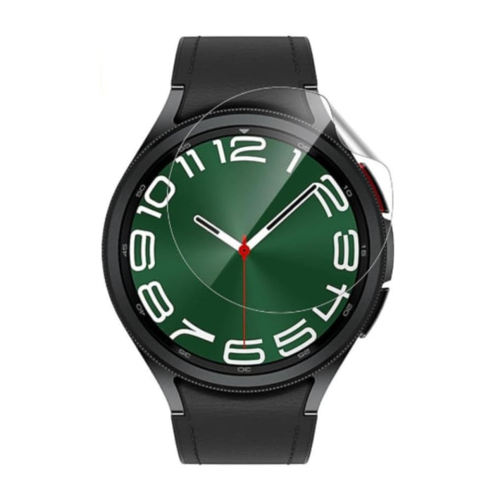Hydrogel screen protectors for Samsung Galaxy Watch 6 Classic 47mm, pack of 6, showing the clear protectors fitting the watch face.