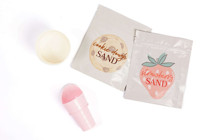 Cookie dough and strawberry sand sensory materials for preschool hands-on play