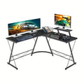 Habicare industrial L-shaped corner desk with black metal frame and monitor stand, ideal for home or office workspace.