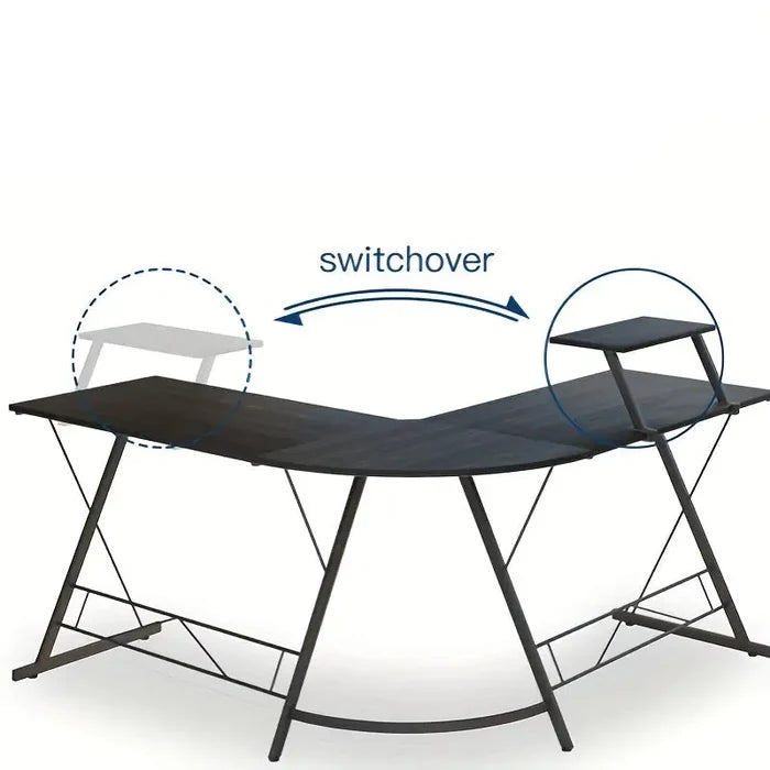 Industrial L-shaped corner desk with black metal frame and monitor stand, ideal for home or office workspace.
