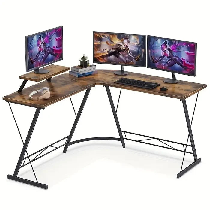 Habicare industrial L-shaped corner desk with black metal frame and monitor stand, modern workspace furniture for home or office.