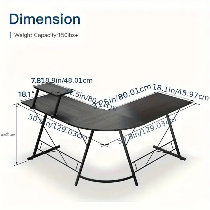 Habicare industrial L-shaped corner desk with black metal frame and built-in monitor stand for home or office workspace.