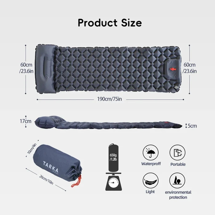 Habicare inflatable camping mattress with integrated pillow, self-inflating camping pad for outdoor sleeping comfort.