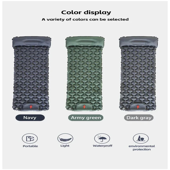 Habicare inflatable camping mattress with built-in pillow, self-inflating camping pad shown in the image.