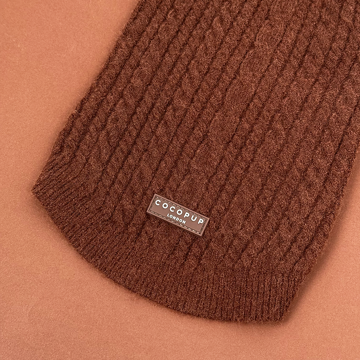 Brown cable knit dog jumper with cozy texture, featuring classic stitching and a snug fit by Cocopup London.