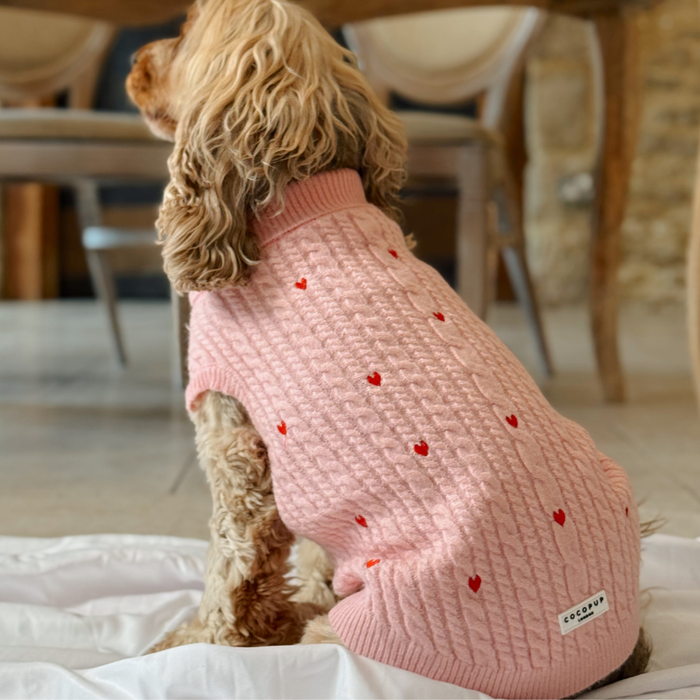 Dog wearing a pink cable knit Cocopup London jumper sits on a white blanket, facing away.