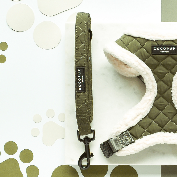 Khaki quilted dog lead by Cocopup London with a padded handle on a white background with paw prints.
