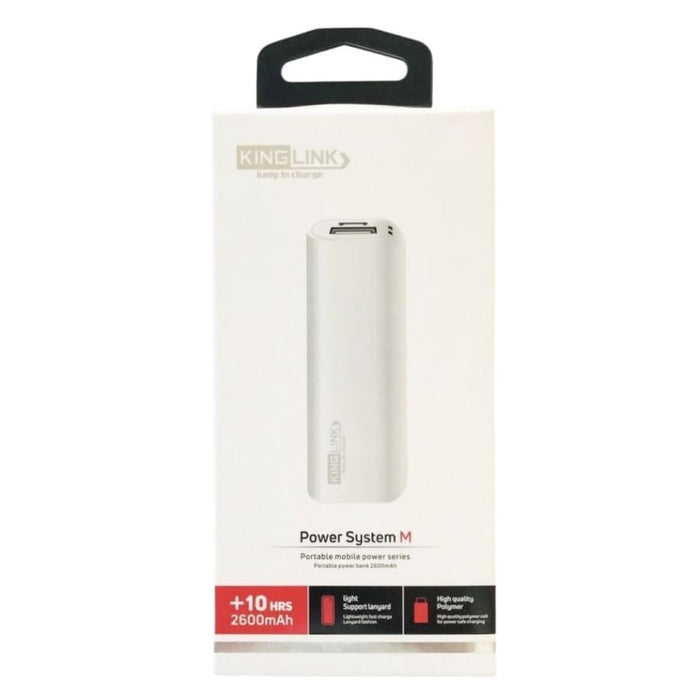 9eight5 Kinglink 2,600 mAh power bank with USB port for charging phones and tablets, compact portable accessory.