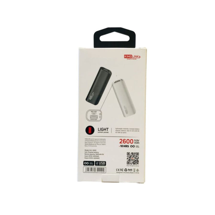 9eight5 Kinglink 2,600 mAh power bank for phones and tablets, compact portable charger with USB port.