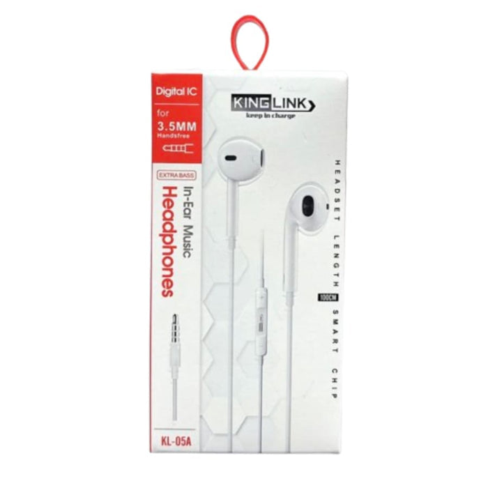 Kinglink KL05A earphones with 3.5mm cable for phones and tablets, featuring in-ear design and durable audio connection.