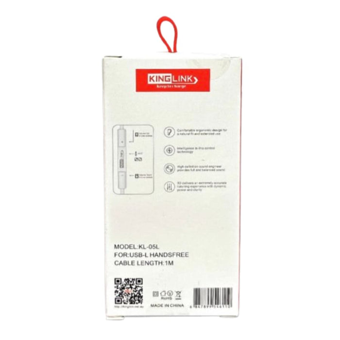 Kinglink KL05L earphones with lightning cable for phones and tablets, 9eight5 brand, close-up of black earphones and cable.