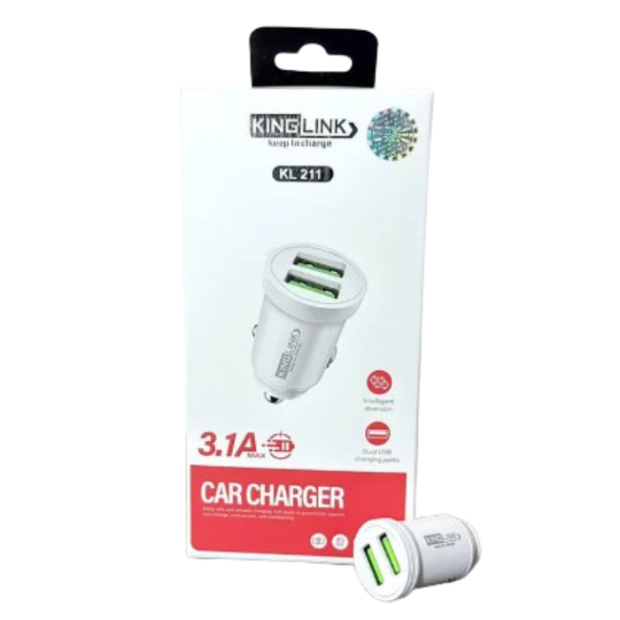 9eight5 Kinglink QC 3.1 Car Charger KL211, close-up of black electronics accessory with USB ports for fast charging.
