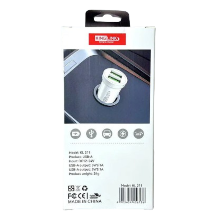 9eight5 Kinglink QC 3.1 Car Charger KL211 in black with USB ports, compact electronic accessory for fast car charging.