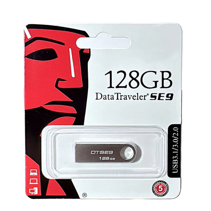 Kingston 9eight5 USB flash drive in 32GB, 64GB, 128GB, or 256GB storage capacities, showing sleek design and branding.