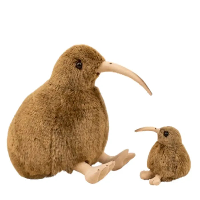 Soft Habicare Kiwi Bird plush toy in two sizes, featuring detailed embroidery and fluffy fabric, perfect for cuddling and play.