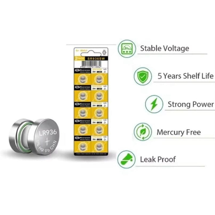 Ten-pack blister of Koonenda SR936SW watch batteries, small button cell batteries for watches and electronic devices.
