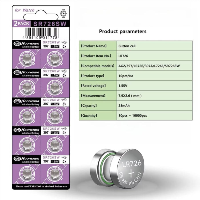 Set of 10 Koonenda SR726SW watch batteries, button cell batteries for various watch models, in a clear packaging.