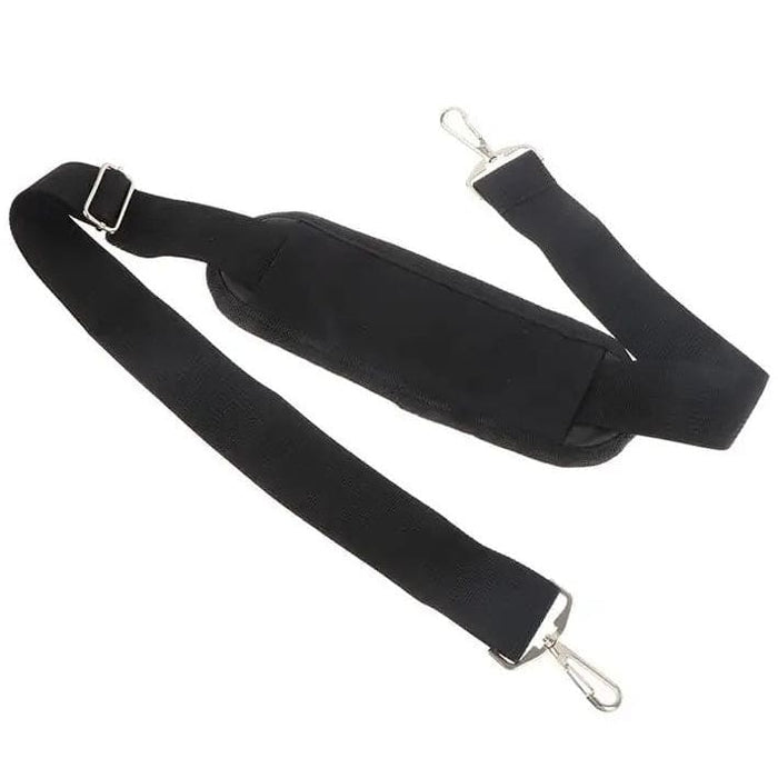 Black 9eight5 laptop bag strap with adjustable length and padded shoulder for comfortable carrying of laptop accessories.