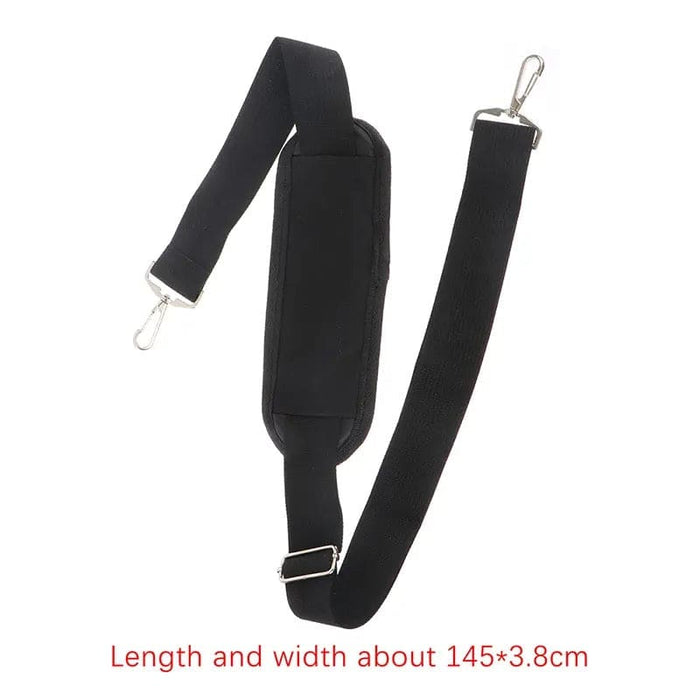 Black 9eight5 laptop bag strap with adjustable length and padded shoulder for comfortable carrying of laptop accessories.