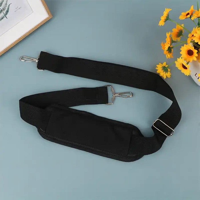 Black 9eight5 laptop bag strap with adjustable length and padded shoulder for comfortable carrying of laptop accessories.