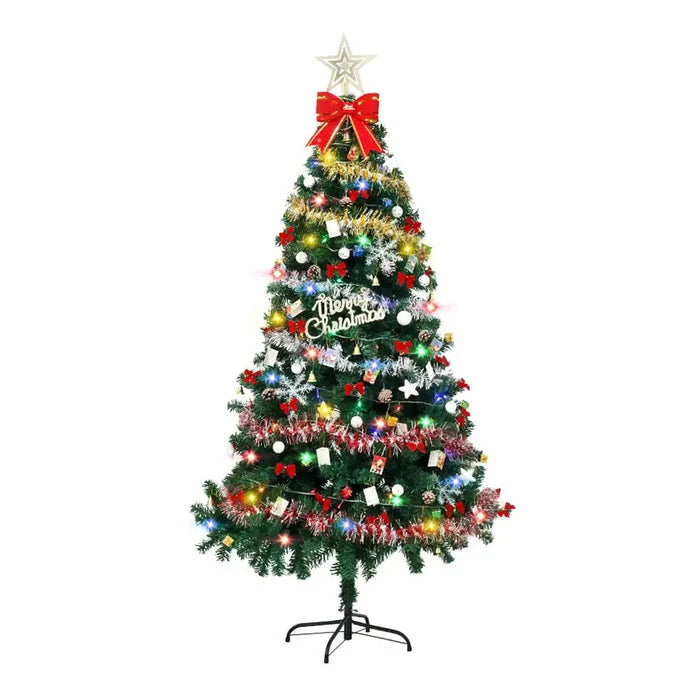 Large Habicare Christmas tree in 1.5, 1.8, or 2.1 meters with 30 multi-color LED lights, decorated with colorful lights.