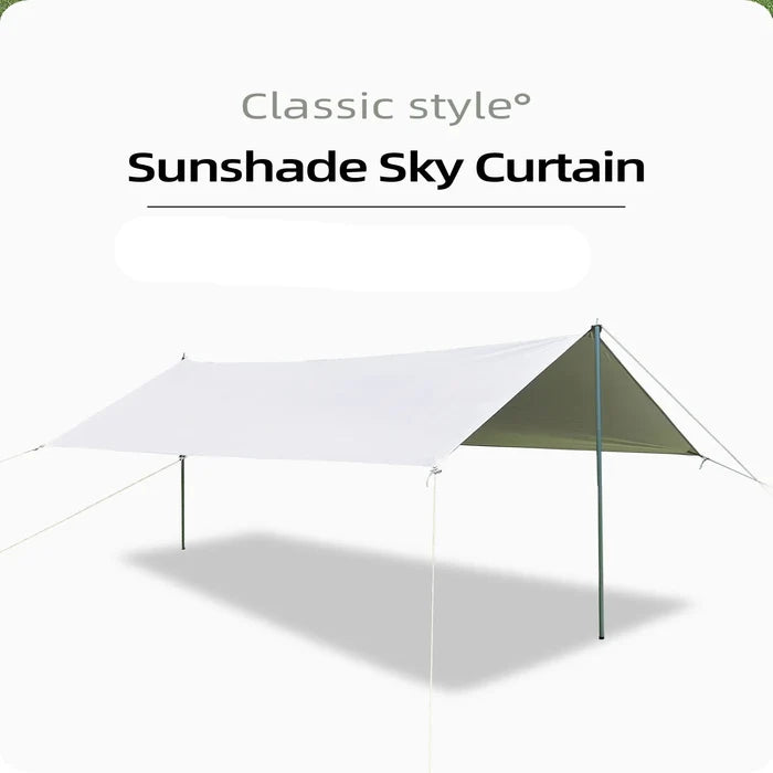 Large Habicare portable sunshade tarp with poles, shown set up outdoors, providing shade and shelter in two available sizes.