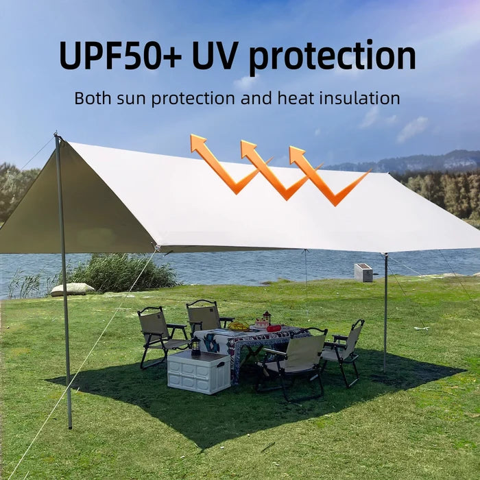 Large Habicare portable sunshade tarp with poles, suitable for outdoor shade, available in two sizes, ideal for sun protection.
