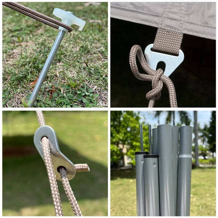 Large portable Habicare sunshade tarp with poles, shown in use outdoors, providing shade and protection from the sun.