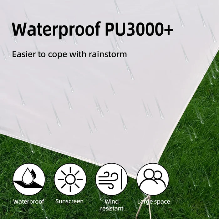 Habicare large portable sunshade tarp with poles, outdoor sun protection, ideal for camping or picnics in sunny weather.