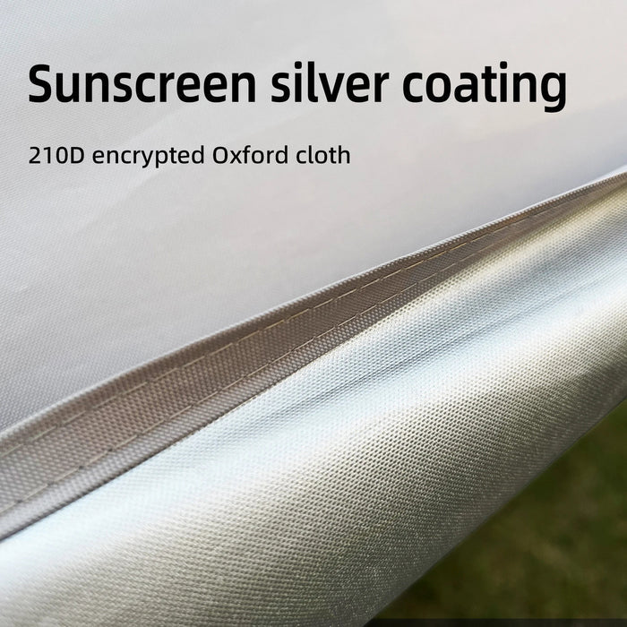 Large Habicare portable sunshade tarp with poles, shown set up outdoors, available in two sizes for shade and shelter.