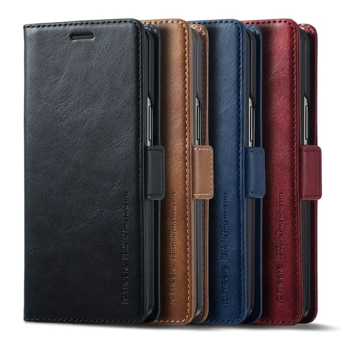 Habicare 9eight5 leather case for Samsung Galaxy Z Fold7 in four colors, featuring a sleek, protective design for the foldable phone.