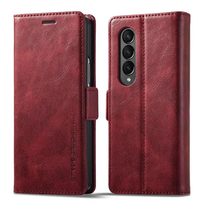 Habicare 9eight5 leather case for Samsung Galaxy Z Fold7, available in four colors, showing a sleek protective cover on the device.