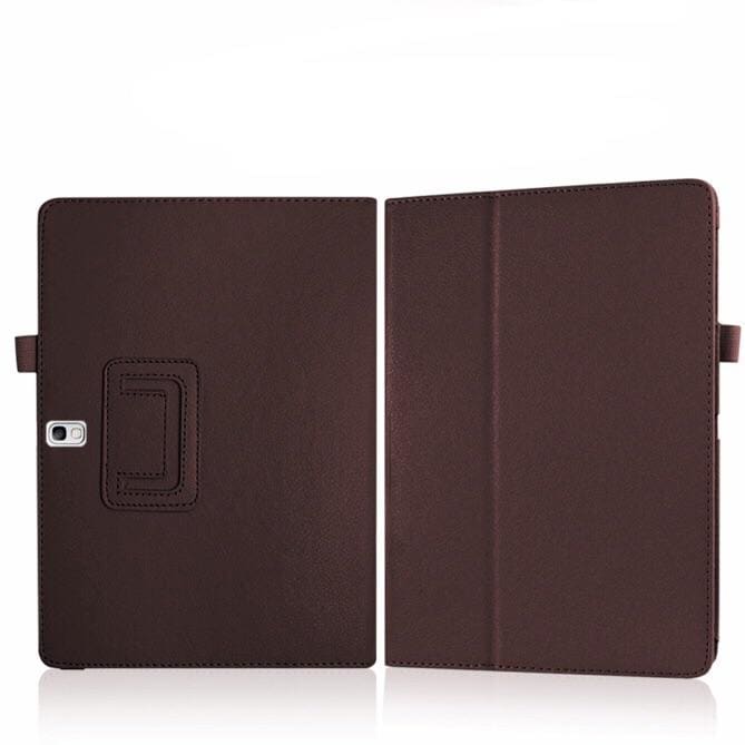 Brown leather cover for Samsung Galaxy Tab S 10.5” (2014) T800/T805, designed by 9eight5, showing the tablet with the cover on.